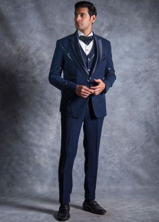 Mens Navy Blue Embroidered Tuxedo Set