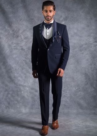 Readymade Navy Blue Embroidered Tuxedo Set