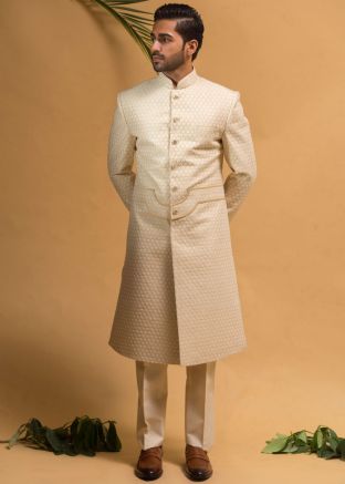 Light Golden Mens Embroidered Sherwani Set