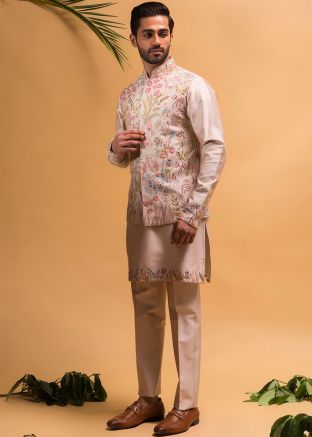 Pink Embroidered Kurta Pajama & Nehru Jacket