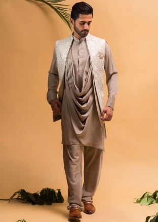 Grey Detachable Cowl Style Kurta Pajama & Embroidered Jacket