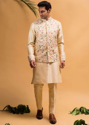 Yellow Embroidered Kurta Pajama & Jacket