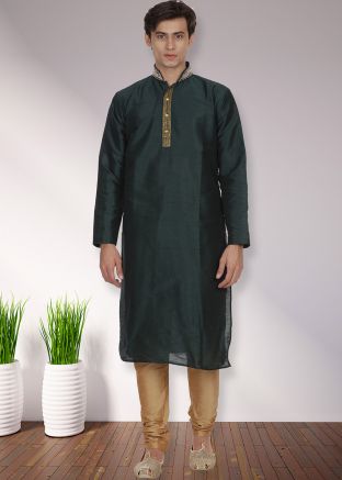 Green Readymade Dupion Silk Mens Plain Kurta Pajama
