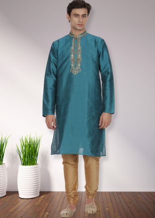 Blue Readymade Plain Mens Kurta Pajama In Dupion Silk