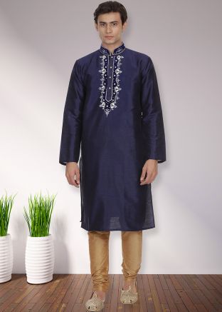 Navy Blue Readymade Dupion Silk Mens Kurta Pajama In Plain