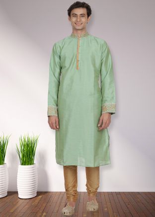 Readymade Dupion Silk Mens Plain Kurta Pajama In Pastel Green