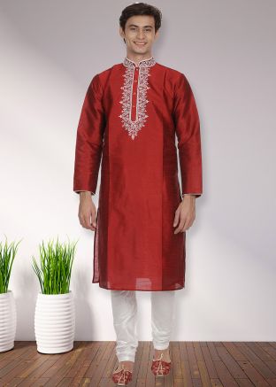 Red Readymade Dupion Silk Mens Plain Kurta Pajama