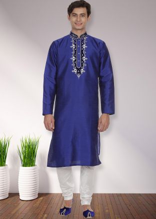 Royal Blue Readymade Dupion Silk Mens Kurta Pajama In Palin