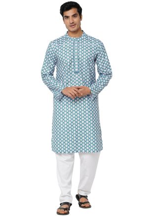 Blue Readymade Cotton Mens Kurta Pajama In Digital Print