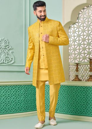 Yellow Embroidered Indo Western Sherwani Set