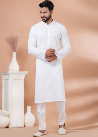 White Chikankari Work Kurta Pajama