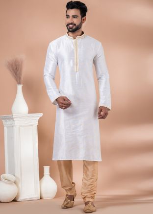White Woven Kurta Pajama In Jacquard 