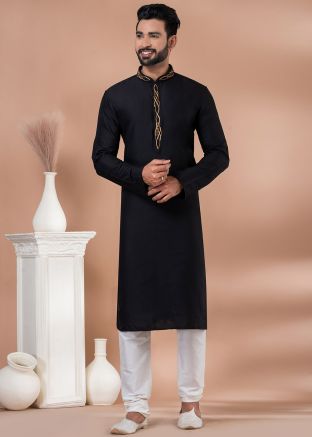 Black Embroidered Kurta Pajama In Viscose