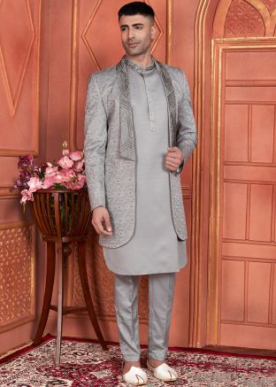 Grey Embroidered Indo Western Sherwani