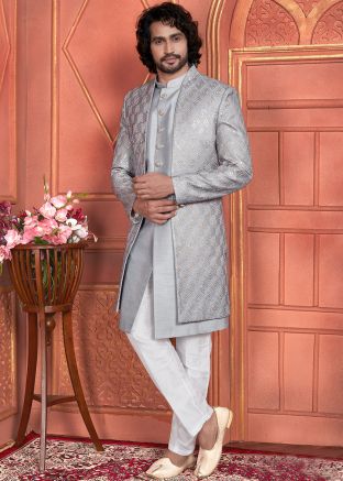 Grey Embroidered Indo Western Sherwani