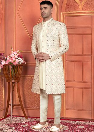 Cream Embroidered Indo Western Sherwani