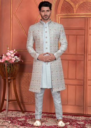 Grey Embroidered Indo Western Sherwani