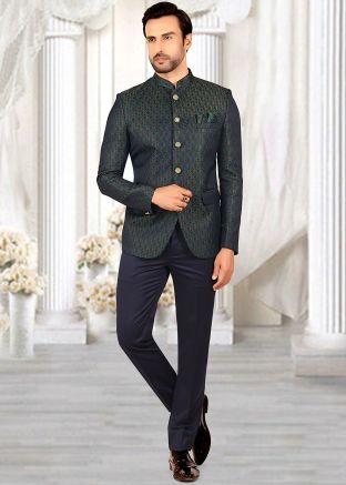 Blue Woven Bandhgala Jodhpuri Suit