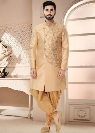 Beige Readymade Indowestern Sherwani & Dhoti In Woven Work