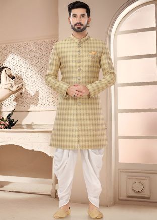 Yellow Readymade Indowestern Sherwani & Dhoti In Jacquard