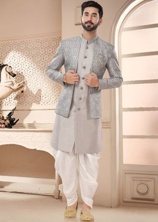 Grey Readymade Indowestern Dhoti & Sherwani In Woven Work