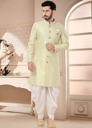 Readymade Indowestern Woven Dhoti & Sherwani In Pastel Green
