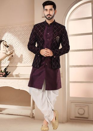 Purple Readymade Art Silk Indowestern Sherwani & Dhoti 