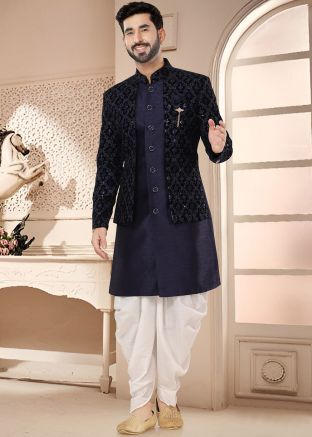 Blue Readymade Embroidered Indowestern Sherwani & Dhoti 