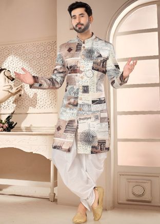Beige & White Readymade Indowestern Woven Sherwani & Dhoti 