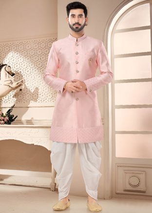 Pink Readymade Indowestern Sherwani & Dhoti In Art Silk
