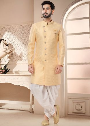 Yellow Readymade Indowestern Sherwani & Dhoti In Jacquard