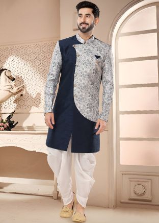 Blue Jacket Style Readymade Sherwani & Dhoti In Embroidery