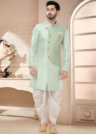 Pastel Green Readymade Indowestern Art Silk Dhoti & Sherwani 
