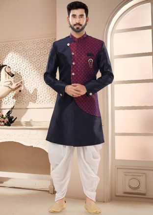 Blue & Pink Readymade Indowestern Sherwani & Dhoti In Art Silk