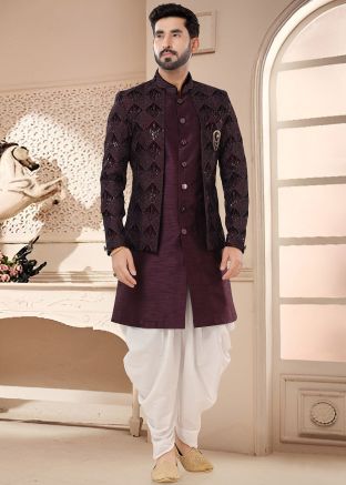 Wine Jacket Style Readymade Sherwani & Dhoti In Embroidery