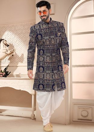 Blue Readymade Embroidered Indowestern Sherwani & Dhoti In Velvet