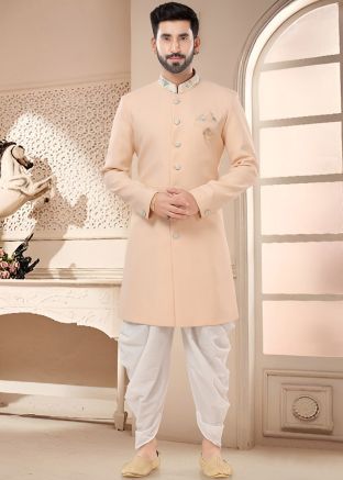 Peach Readymade Rayon Indowestern Sherwani & Dhoti 