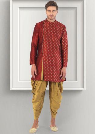 Red Woven Dhoti With Sherwani