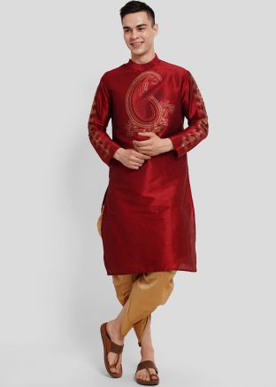 Maroon Readymade Printed Men Indowestern Dhoti Kurta In Dupion Silk