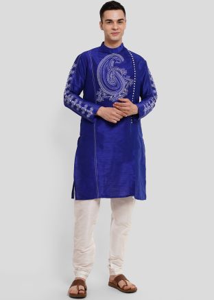 Blue Readymade Dupion Silk Men Kurta Pajama In Print