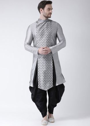Readymade Printed Dupion Silk Men Indowestern Dhoti Kurta In Grey