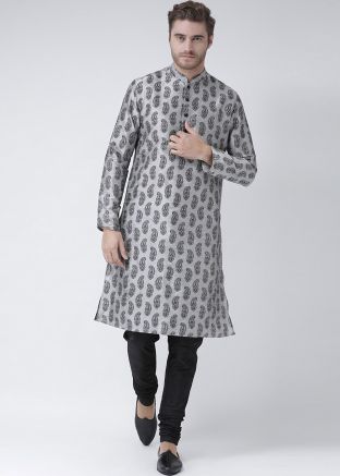 Grey Readymade Printed Dupion Silk Men Kurta Pajama