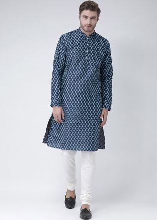 Readymade Printed Dupion Silk Men Kurta Pajama In Blue