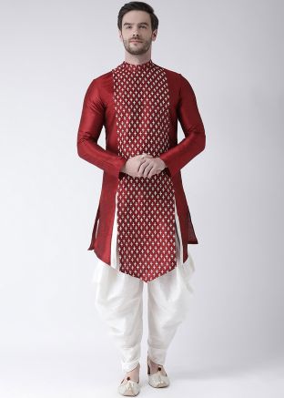 Readymade Printed Men Indowestern Dupion Silk Dhoti Kurta In Maroon