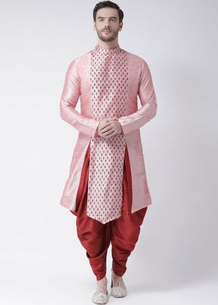 Light Pink Readymade Dupion Silk Men Indowestern Dhoti Kurta In Print