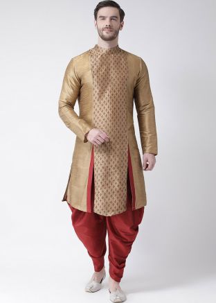 Golden Readymade Printed Dupion Silk Men Indowestern Dhoti Kurta
