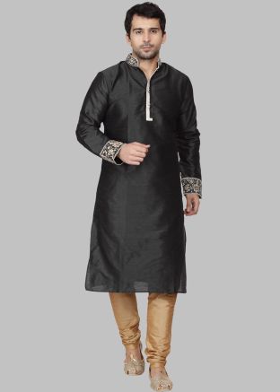 Black Readymade Dupion Silk Men Kurta Pajama 
