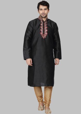 Black Readymade Men Kurta Pajama In Dupion Silk