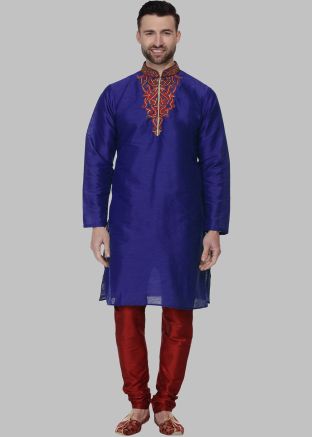Blue Readymade Men Kurta Pajama In Embroidery