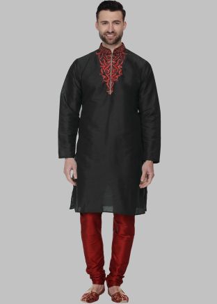 Black Readymade Dupion Silk Men Kurta & Pajama 
